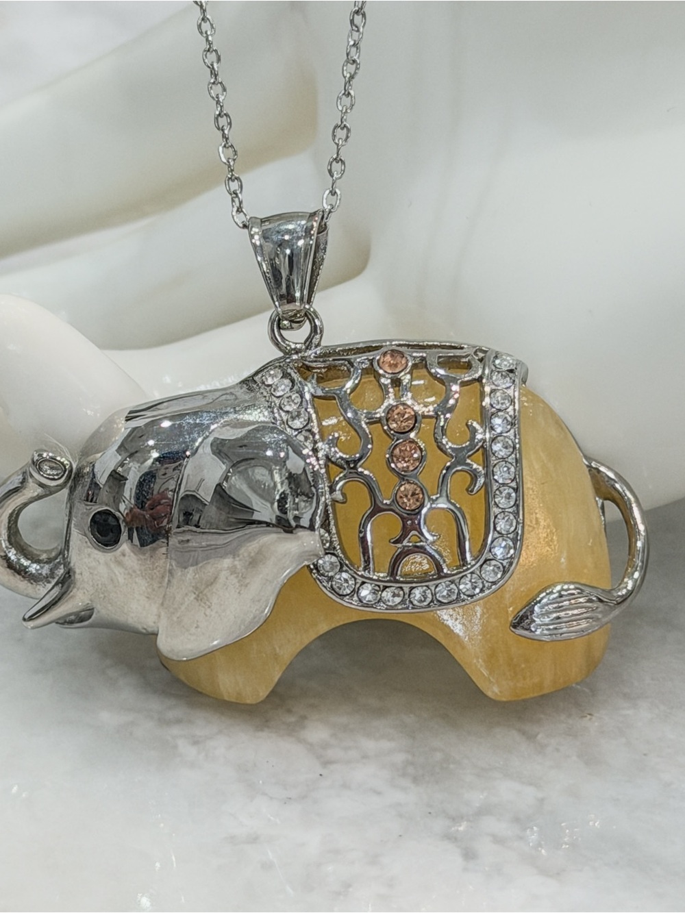 Burmese Yellow Jade Multicolor Diamond (Sim) Silver Elephant Pendant Necklace
